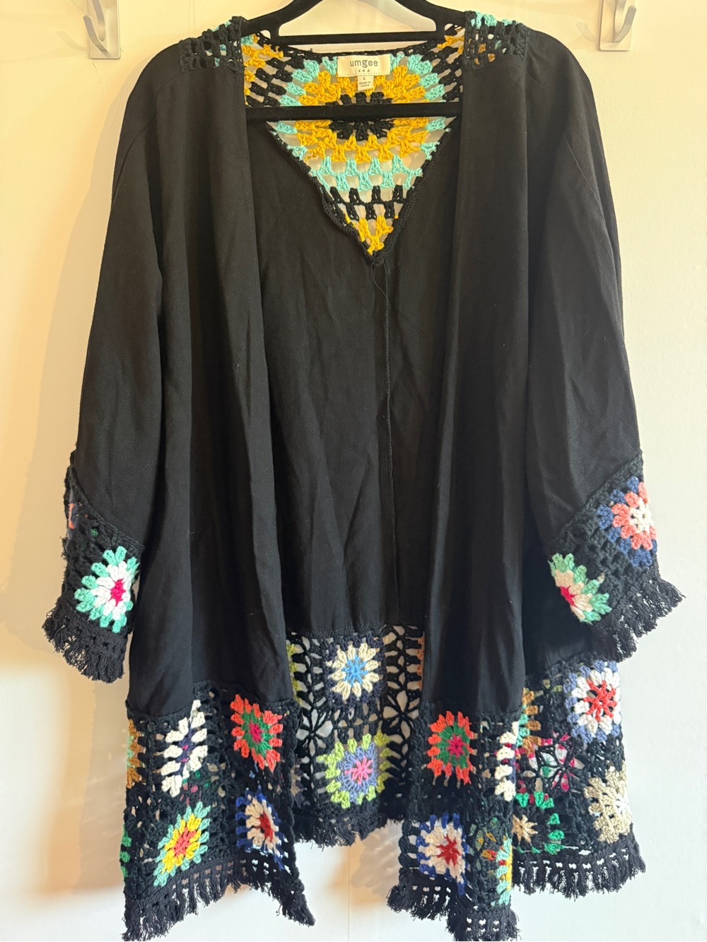 Umgee Linen Blend Black Crochet Granny Square Boho Duster Cardigan Large
